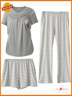 3 Piece Maternity Nursing Pajama Set with V Neck Breastfeeding Tops and